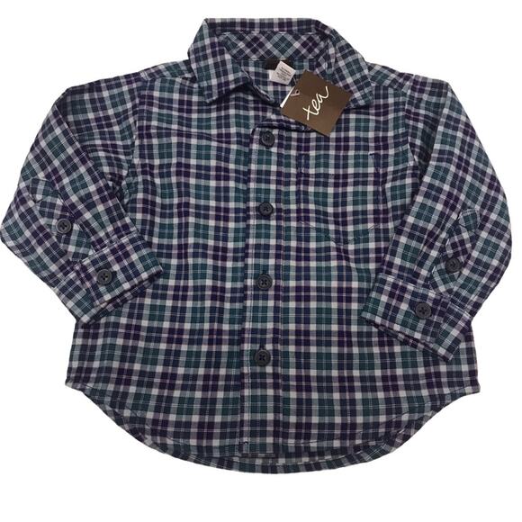 Tea Collection Patterned Button Up Baby Shirt Forest Plaid Infant Boy 9-12 Month - Picture 1 of 5